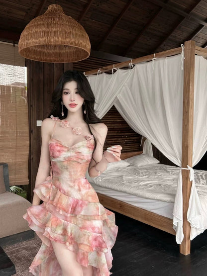 Dust Deng Deng Holiday style dress female 2025 summer new irregular ruffled short skirt tube top skirt