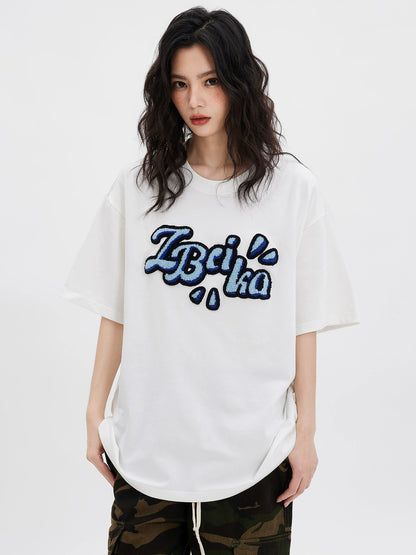 Zobeka trendy white T-shirt women's short-sleeved summer American retro towel embroidered letters casual round neck pure cotton half-sleeved t