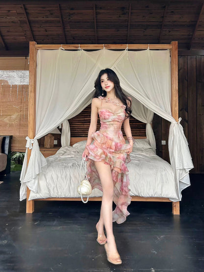 Dust Deng Deng Holiday style dress female 2025 summer new irregular ruffled short skirt tube top skirt