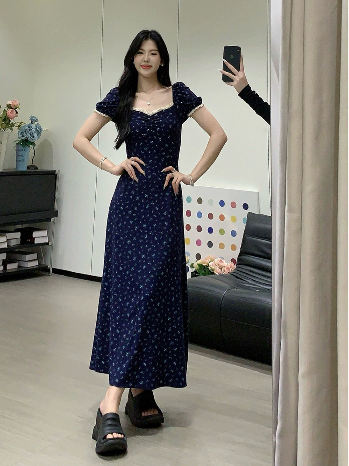 Sweet and Spicy Duoduo [Summer Light Oxygen] Navy Blue Short Sleeve Dress Women's Summer Waist Slimming Floral Skirt