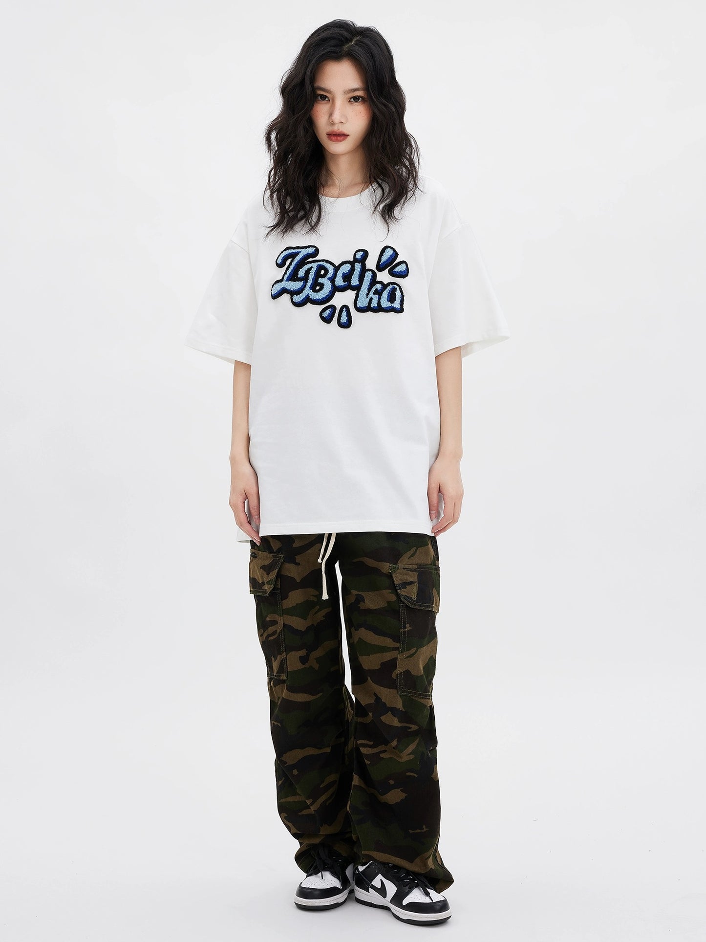 Zobeka trendy white T-shirt women's short-sleeved summer American retro towel embroidered letters casual round neck pure cotton half-sleeved t