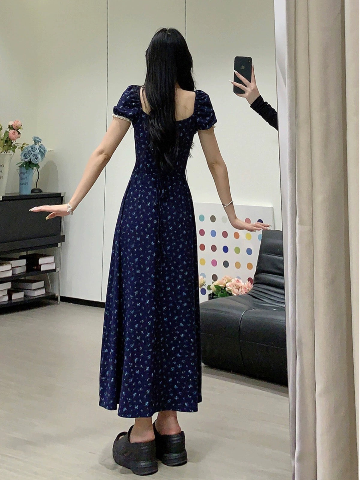 Sweet and Spicy Duoduo [Summer Light Oxygen] Navy Blue Short Sleeve Dress Women's Summer Waist Slimming Floral Skirt