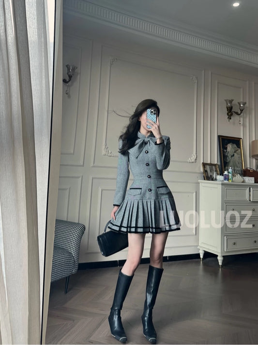 LUOLUOZ 【Pear Blossom in the Rain】Sheep Wool Elegant High-End Luxury Patchwork Bow Waist-cinching Dress