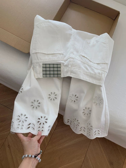 Hollow-out embroidered white slim-fit straight leg soft denim jeans, wide-leg loose fit, women's design, petite, cropped pants