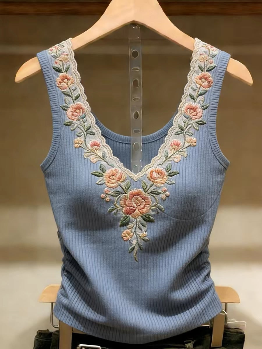 With bra pads ~ Shenzhen Nanyou brand women's sweet style floral embroidered base layer vest trendy sleeveless top