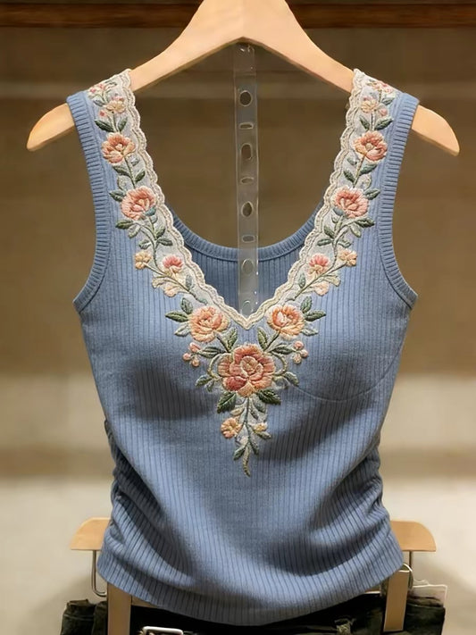 With bra pads ~ Shenzhen Nanyou brand women's sweet style floral embroidered base layer vest trendy sleeveless top