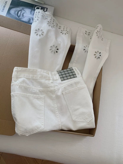 Hollow-out embroidered white slim-fit straight leg soft denim jeans, wide-leg loose fit, women's design, petite, cropped pants