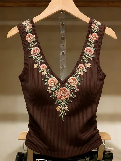 With bra pads ~ Shenzhen Nanyou brand women's clothing, fresh floral embroidered camisole, gentle and fashionable brown top