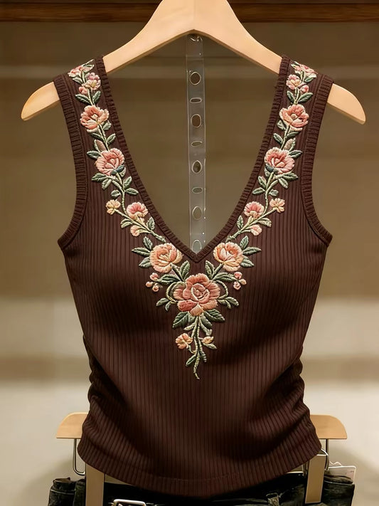 With bra pads ~ Shenzhen Nanyou brand women's clothing, fresh floral embroidered camisole, gentle and fashionable brown top