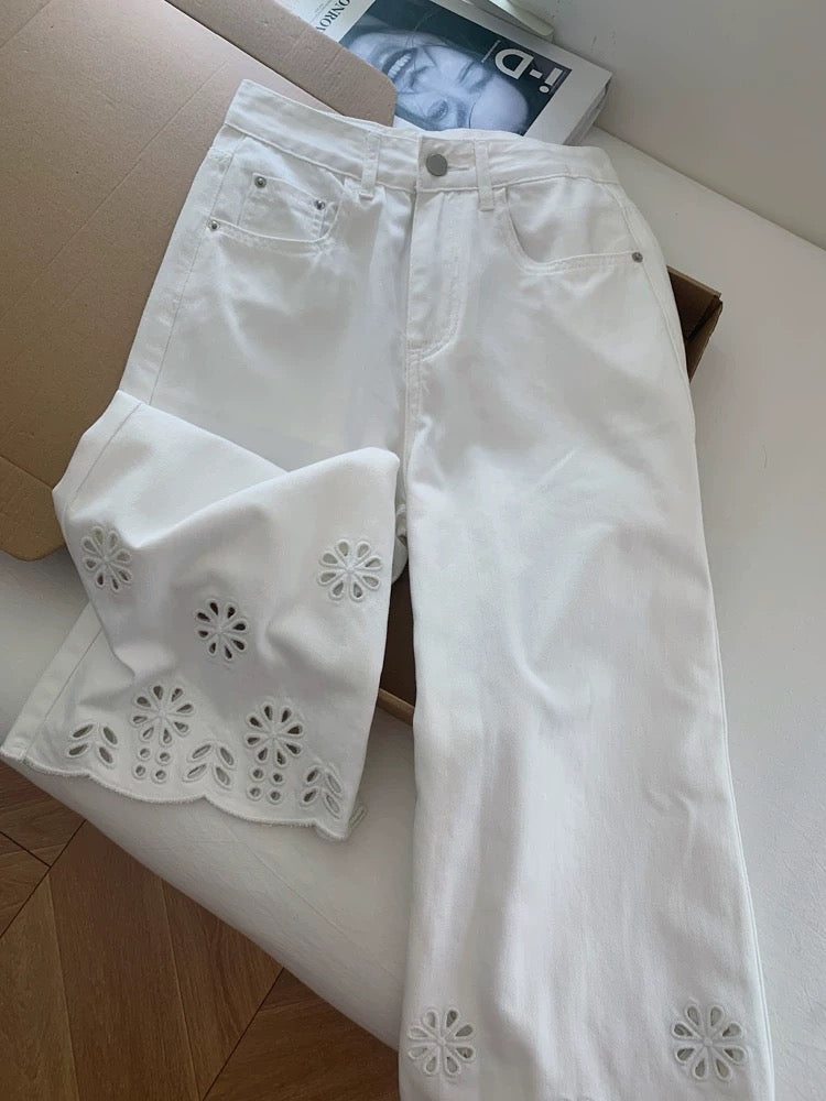 Hollow-out embroidered white slim-fit straight leg soft denim jeans, wide-leg loose fit, women's design, petite, cropped pants