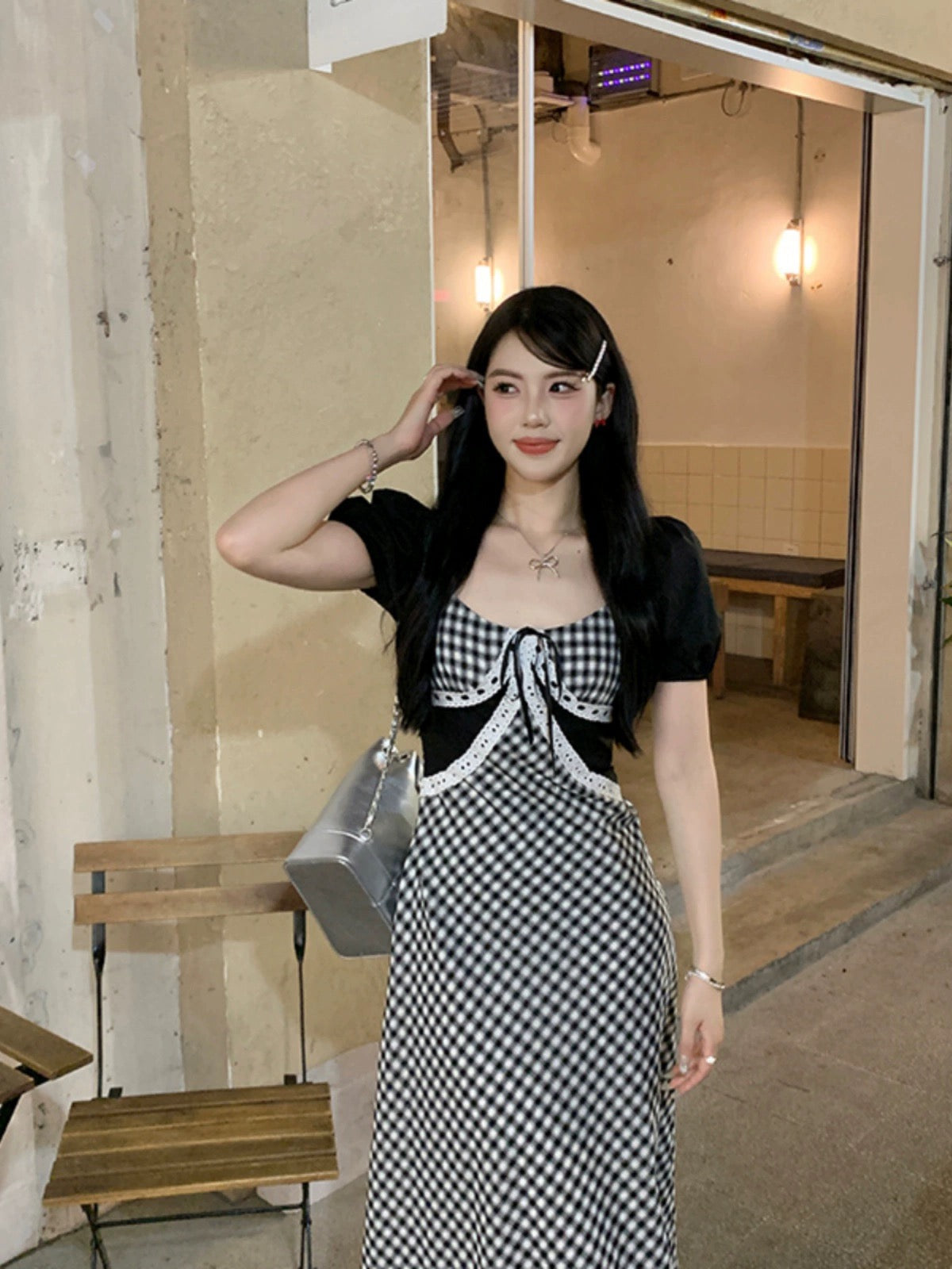 Sweet and Spicy Duoduo [Summer Mousse] Black Short Sleeve Dress Women's Summer 2024 New College Style Long Skirt