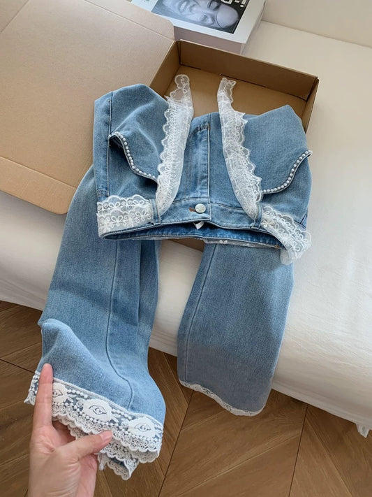 Light-colored, designer-inspired lace-trimmed wide-leg, slim-fit, straight-leg baguette pants for tall women, extra long.