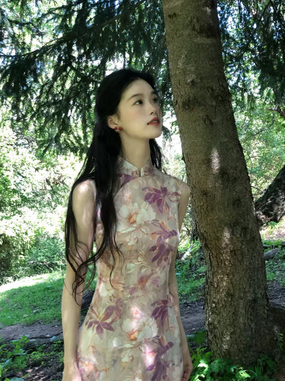 Ti-Ti "Time & Language" Collection – Lilac Cupro Sleeveless, Modernized Chinese-Style Cropped Qipao