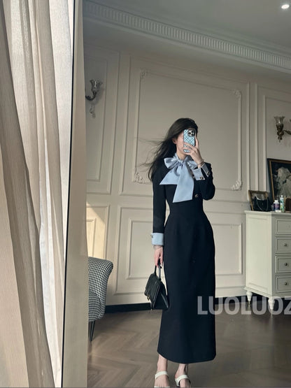 LUOLUOZ【Glass Origami】High-End Elegant Color-Blocked Waist-Slimming Long Dress CC249