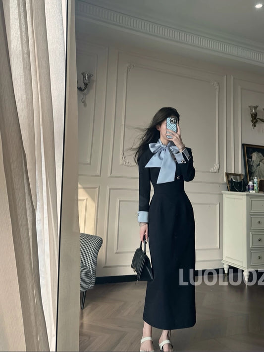 LUOLUOZ【Glass Origami】High-End Elegant Color-Blocked Waist-Slimming Long Dress CC249