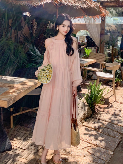 Pink French dress for women spring and summer 2024 new style off-shoulder, beautiful and delicate, loose and sweet long fairy skirt