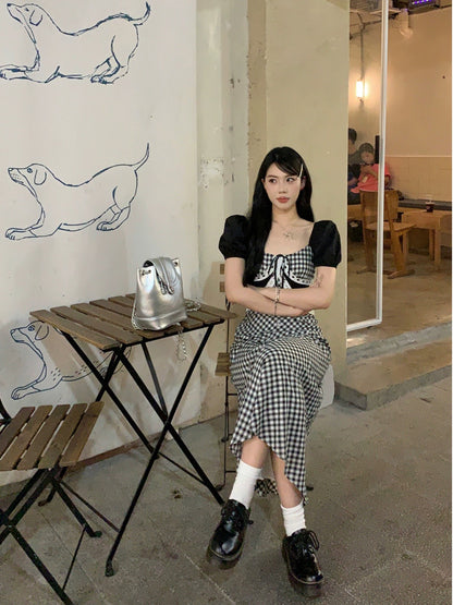 Sweet and Spicy Duoduo [Summer Mousse] Black Short Sleeve Dress Women's Summer 2024 New College Style Long Skirt