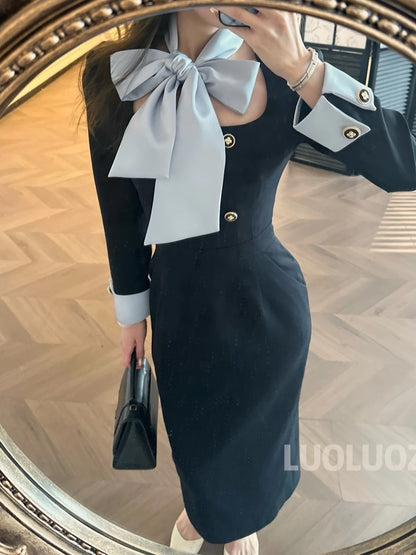 LUOLUOZ【Glass Origami】High-End Elegant Color-Blocked Waist-Slimming Long Dress CC249