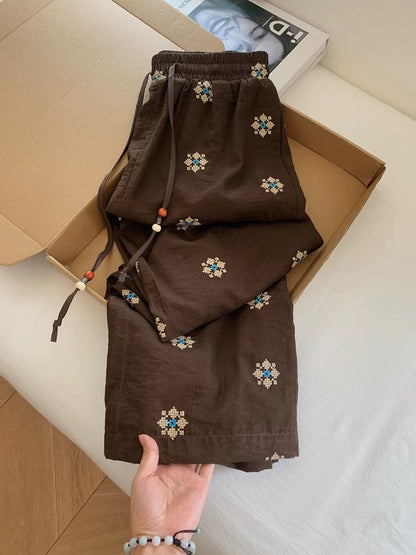 New Chinese style embroidered narrow-leg wide-leg puffer pants, loose fit, suitable for petite women, summer thin and relaxed fit.