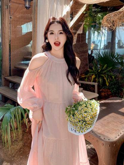 Pink French dress for women spring and summer 2024 new style off-shoulder, beautiful and delicate, loose and sweet long fairy skirt