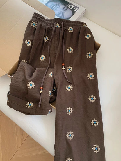 New Chinese style embroidered narrow-leg wide-leg puffer pants, loose fit, suitable for petite women, summer thin and relaxed fit.