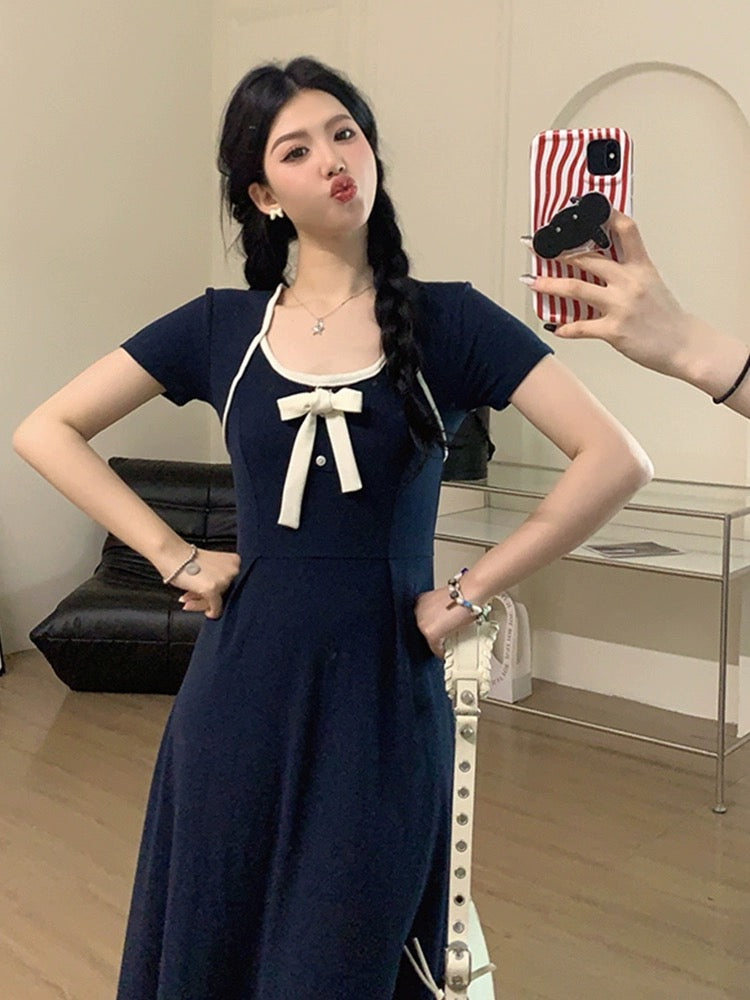 Sweet and spicy [Kape Academy] Bow short-sleeved dress for women summer design pear-shaped figure A-line skirt