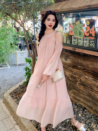 Pink French dress for women spring and summer 2024 new style off-shoulder, beautiful and delicate, loose and sweet long fairy skirt