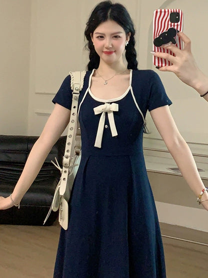 Sweet and spicy [Kape Academy] Bow short-sleeved dress for women summer design pear-shaped figure A-line skirt