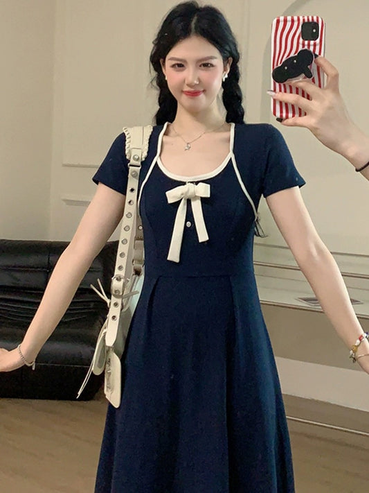 Sweet and spicy [Kape Academy] Bow short-sleeved dress for women summer design pear-shaped figure A-line skirt