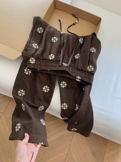 New Chinese style embroidered narrow-leg wide-leg puffer pants, loose fit, suitable for petite women, summer thin and relaxed fit.