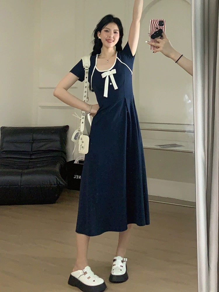 Sweet and spicy [Kape Academy] Bow short-sleeved dress for women summer design pear-shaped figure A-line skirt