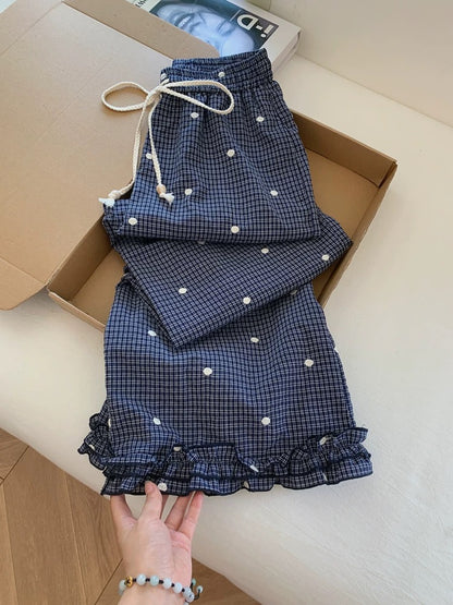 Blue plaid polka dot casual wide-leg pants, loose fit, boyfriend style, relaxed feel, slimming long pants, women's summer style.