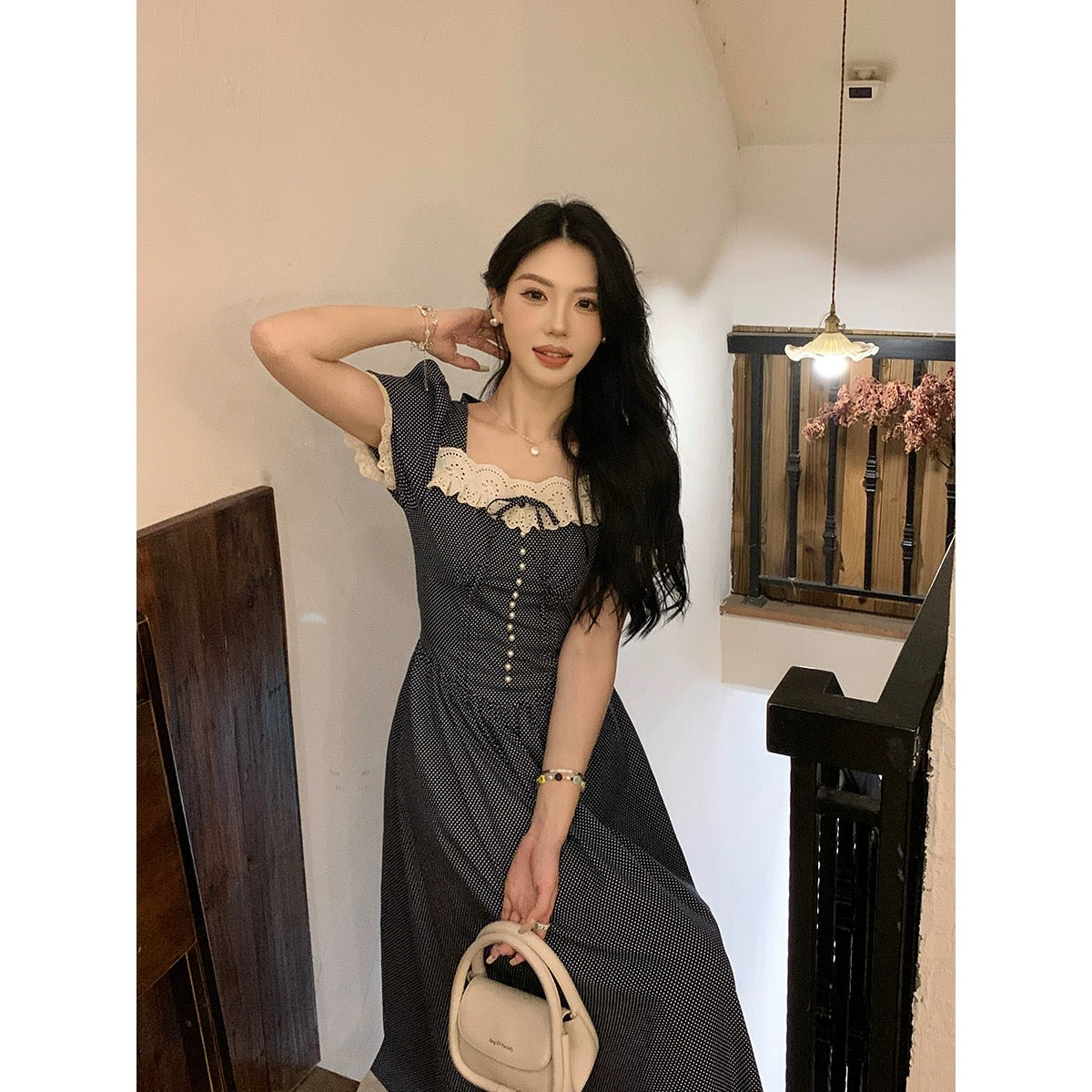 Sweet and Spicy Duoduo [Romantic Escape] Navy Blue Short Sleeve Polka Dot Dress Women's Summer Waist Slimming Lace Skirt