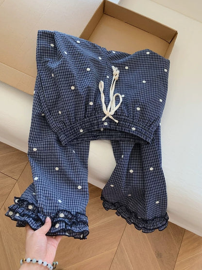 Blue plaid polka dot casual wide-leg pants, loose fit, boyfriend style, relaxed feel, slimming long pants, women's summer style.