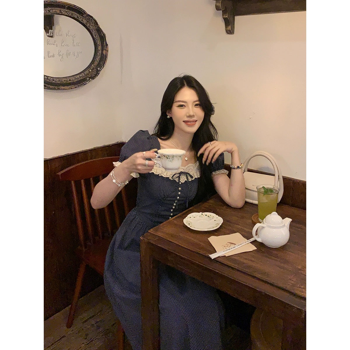 Sweet and Spicy Duoduo [Romantic Escape] Navy Blue Short Sleeve Polka Dot Dress Women's Summer Waist Slimming Lace Skirt