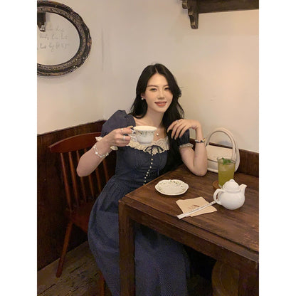 Sweet and Spicy Duoduo [Romantic Escape] Navy Blue Short Sleeve Polka Dot Dress Women's Summer Waist Slimming Lace Skirt