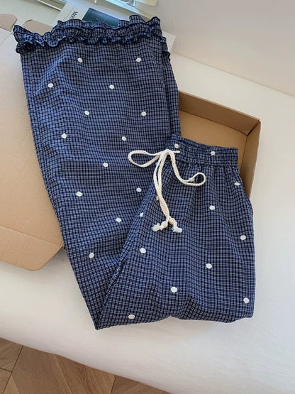 Blue plaid polka dot casual wide-leg pants, loose fit, boyfriend style, relaxed feel, slimming long pants, women's summer style.