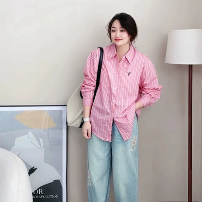 Slightly fat mm pink striped shirt women's spring and autumn new Korean loose large size slimming age-reducing shirt fashionable top