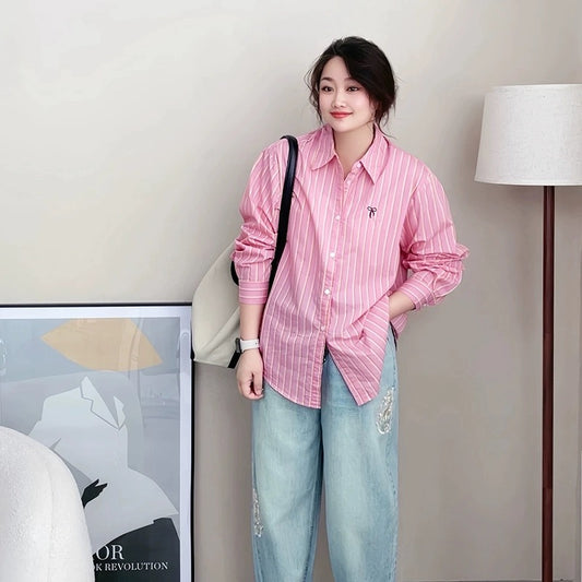 Slightly fat mm pink striped shirt women's spring and autumn new Korean loose large size slimming age-reducing shirt fashionable top