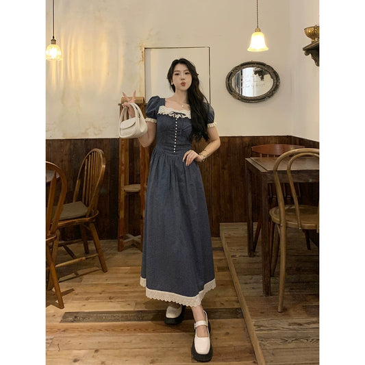 Sweet and Spicy Duoduo [Romantic Escape] Navy Blue Short Sleeve Polka Dot Dress Women's Summer Waist Slimming Lace Skirt