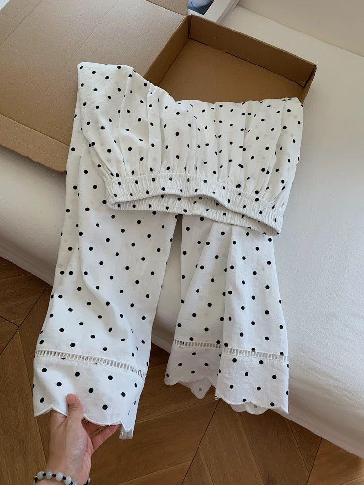 White polka dot casual wide-leg pants, loose and relaxed style, cropped pants for petite women, summer thin style.