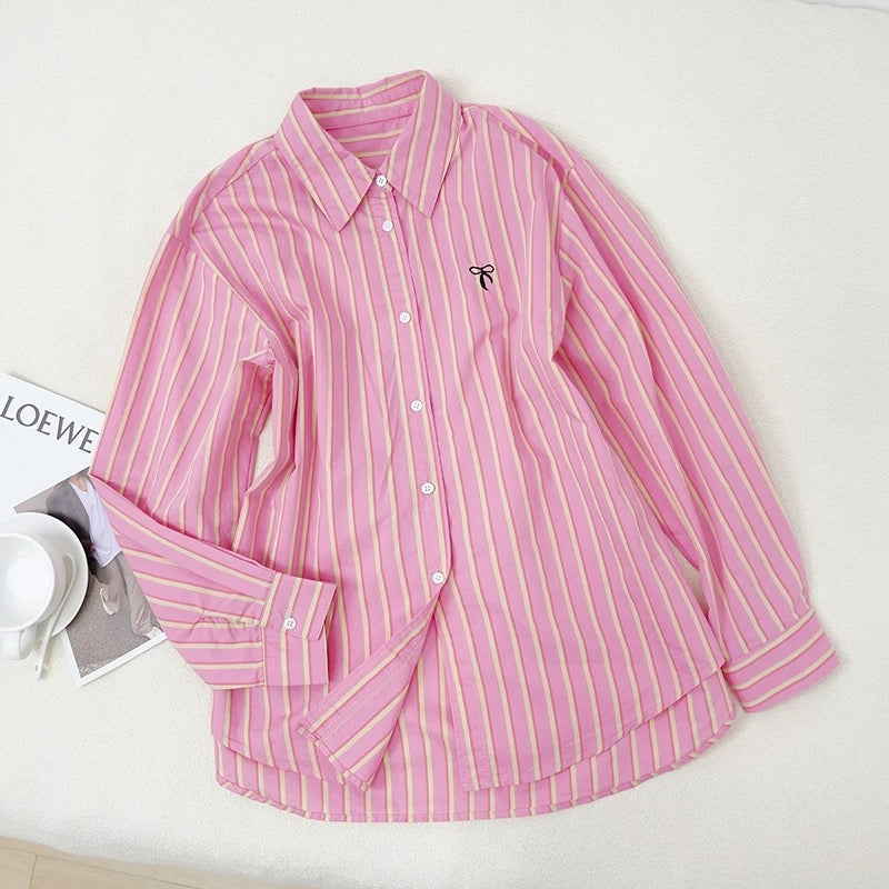 Slightly fat mm pink striped shirt women's spring and autumn new Korean loose large size slimming age-reducing shirt fashionable top