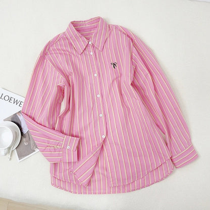 Slightly fat mm pink striped shirt women's spring and autumn new Korean loose large size slimming age-reducing shirt fashionable top