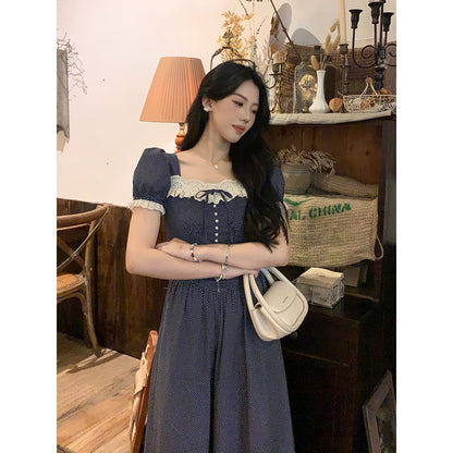 Sweet and Spicy Duoduo [Romantic Escape] Navy Blue Short Sleeve Polka Dot Dress Women's Summer Waist Slimming Lace Skirt