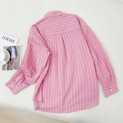 Slightly fat mm pink striped shirt women's spring and autumn new Korean loose large size slimming age-reducing shirt fashionable top