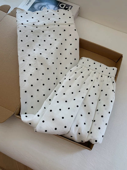 White polka dot casual wide-leg pants, loose and relaxed style, cropped pants for petite women, summer thin style.
