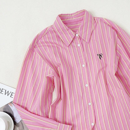 Slightly fat mm pink striped shirt women's spring and autumn new Korean loose large size slimming age-reducing shirt fashionable top