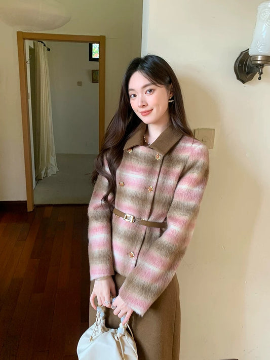 GERTCOREL 2025 New Winter French Wool Warm Coat and Skirt Set for Women, High-End Commuting Suit