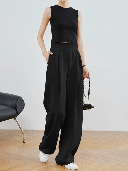 FAESSLIN [Street Style King] Black Drapey Suit Pants Women's Summer High Waist Extended Velcro Wide Leg Pants Suit Pants