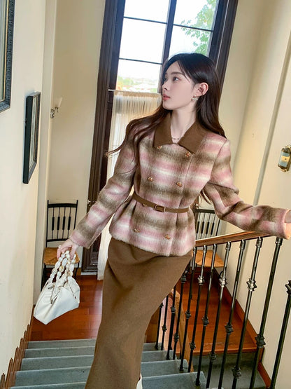 GERTCOREL 2025 New Winter French Wool Warm Coat and Skirt Set for Women, High-End Commuting Suit